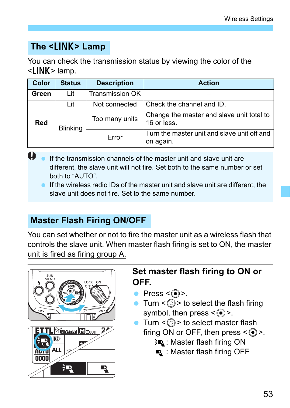 P.53, Set master flash firing to on or off, The < d > lamp | Master flash firing on/off | Canon Speedlite 430EX III-RT User Manual | Page 53 / 108