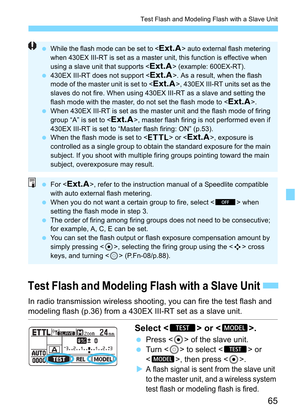 Test flash and modeling flash with a slave unit, P.65, P.65 f | Select < n > or < m | Canon Speedlite 430EX III-RT User Manual | Page 65 / 108