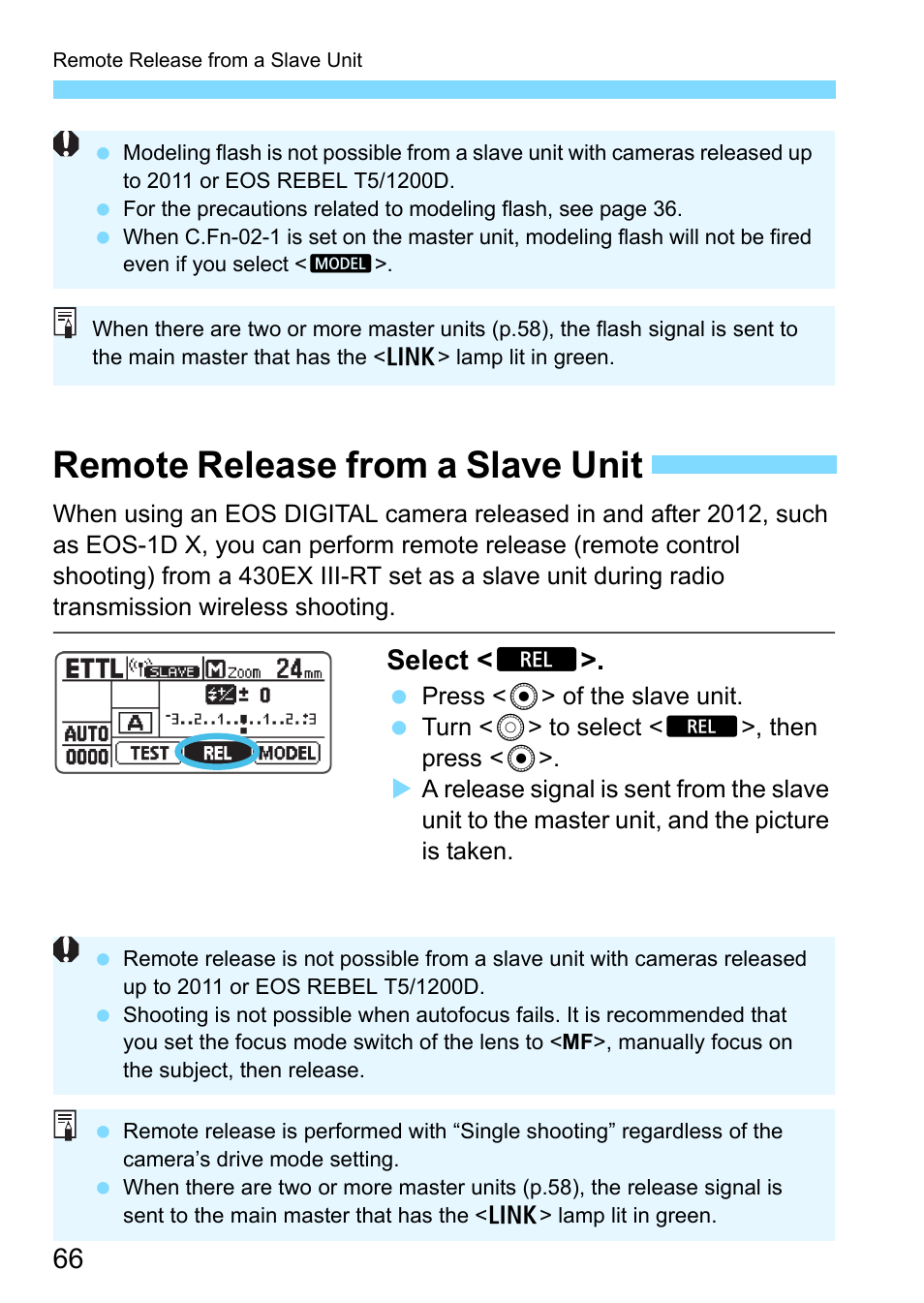 Remote release from a slave unit, P.66, P.66) | Select < l | Canon Speedlite 430EX III-RT User Manual | Page 66 / 108