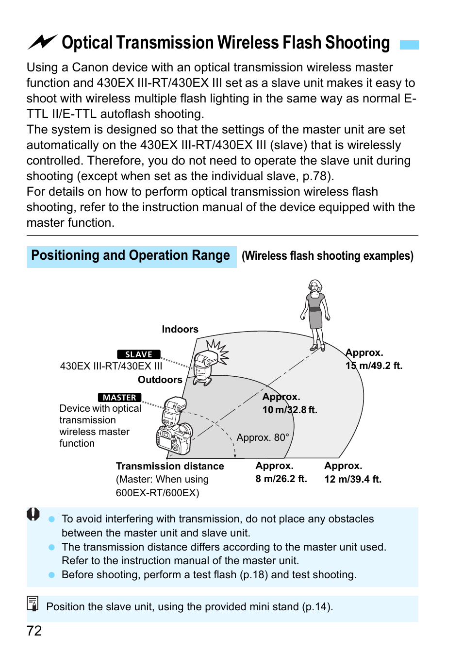 Optical transmission wireless flash shooting, Positioning and operation range | Canon Speedlite 430EX III-RT User Manual | Page 72 / 108