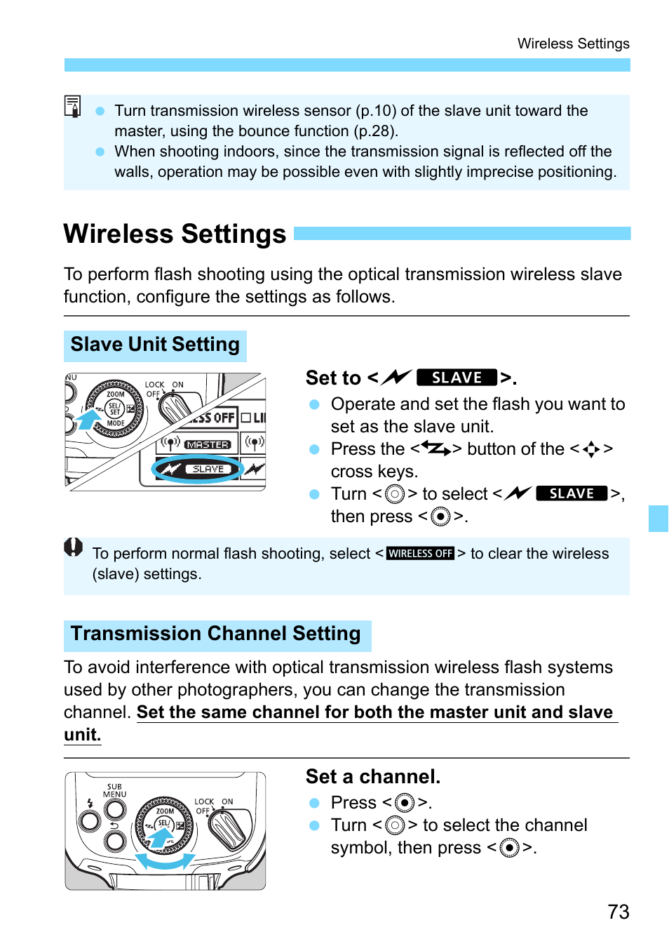 Wireless settings, Set to < :x, Set a channel | Slave unit setting, Transmission channel setting | Canon Speedlite 430EX III-RT User Manual | Page 73 / 108