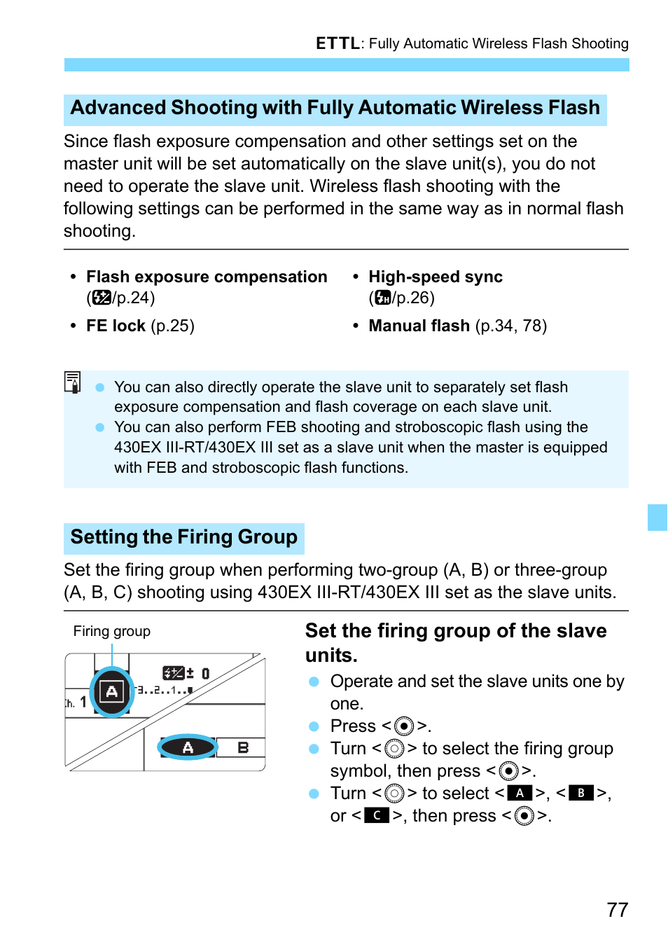Set the firing group of the slave units, Setting the firing group | Canon Speedlite 430EX III-RT User Manual | Page 77 / 108