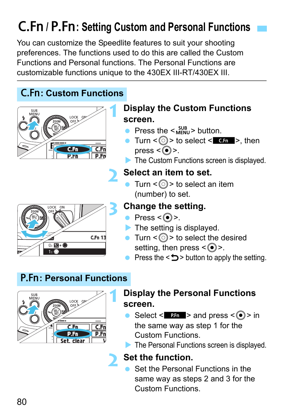 Setting custom and personal functions, C/ > : setting custom and personal functions | Canon Speedlite 430EX III-RT User Manual | Page 80 / 108