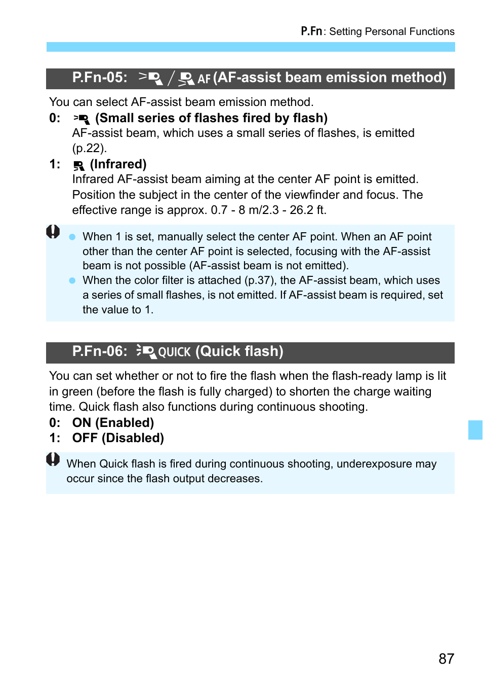 P.87, P.fn-05, Af-assist beam emission method) | P.fn-06, Quick flash) | Canon Speedlite 430EX III-RT User Manual | Page 87 / 108