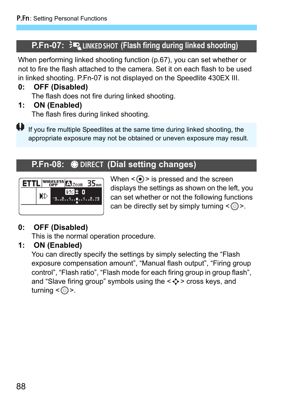 P.fn-07, Flash firing during linked shooting), P.fn-08 | Dial setting changes) | Canon Speedlite 430EX III-RT User Manual | Page 88 / 108