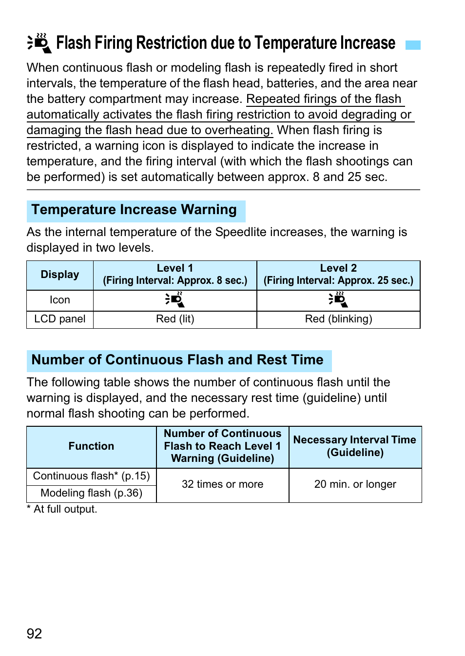 P.92, Restriction/p.92), Temperature increase warning | Number of continuous flash and rest time | Canon Speedlite 430EX III-RT User Manual | Page 92 / 108