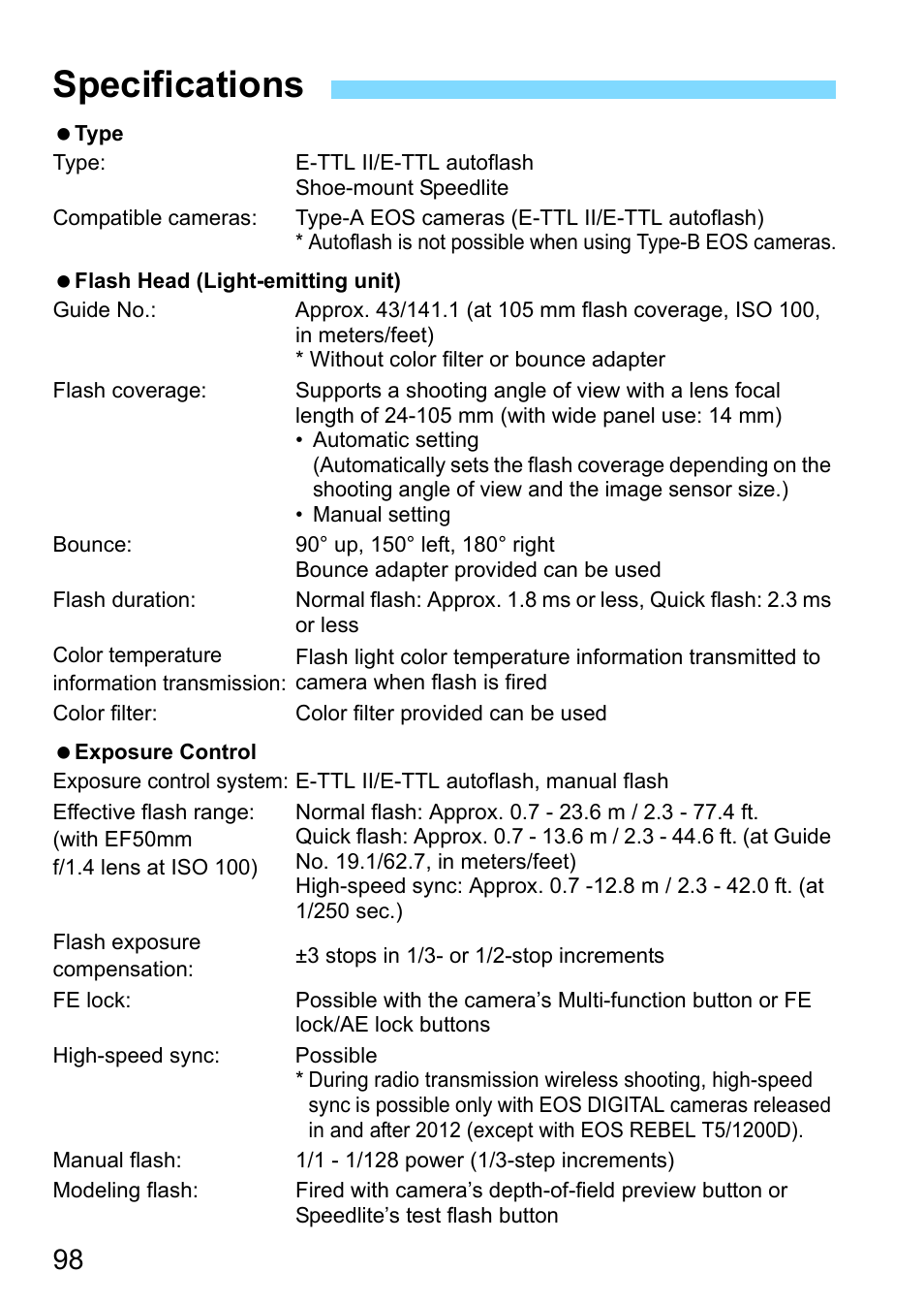 Specifications | Canon Speedlite 430EX III-RT User Manual | Page 98 / 108