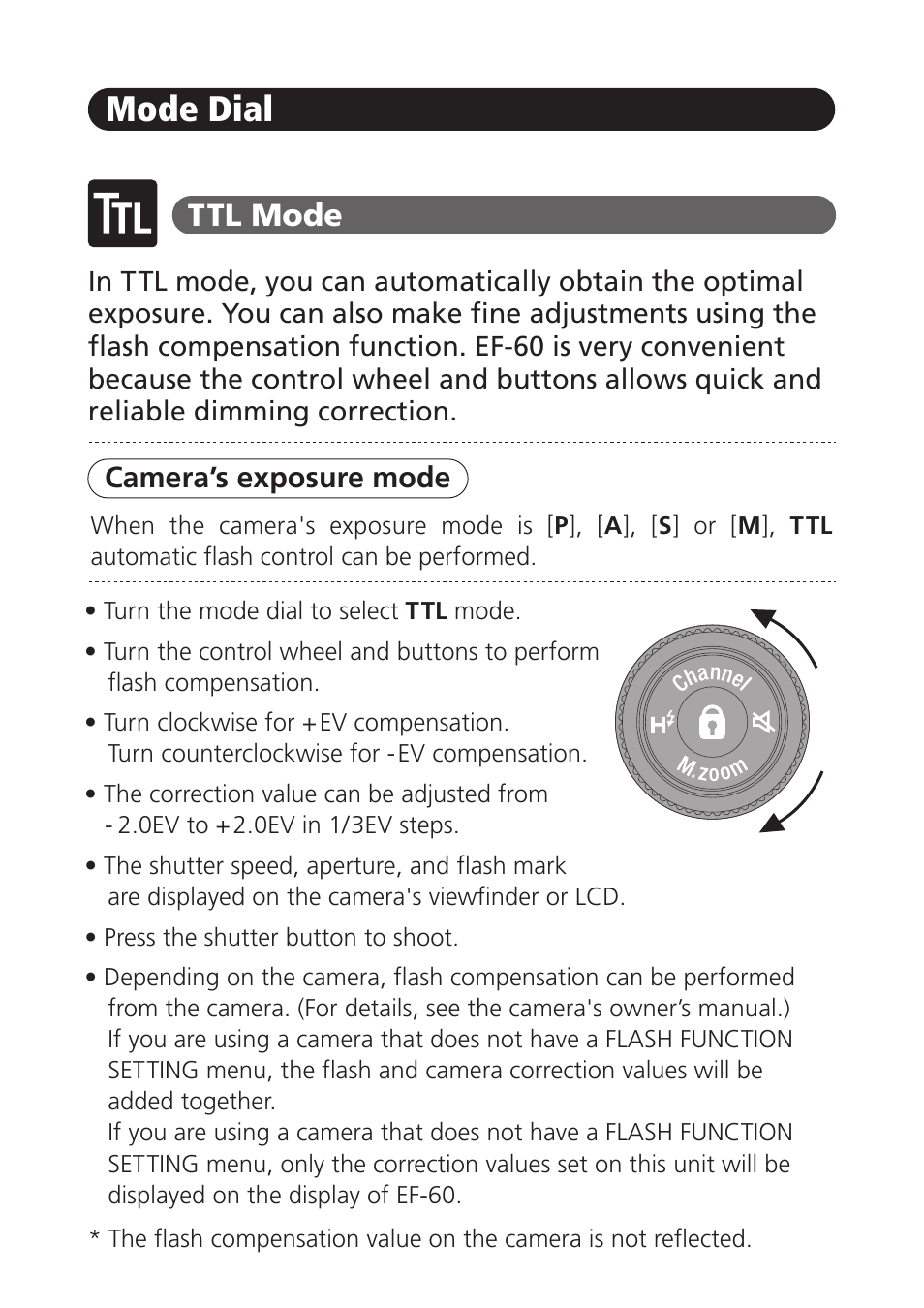 Mode dial, Ttl mode, Camera’s exposure mode | FujiFilm EF-60 Shoe Mount Flash User Manual | Page 14 / 26