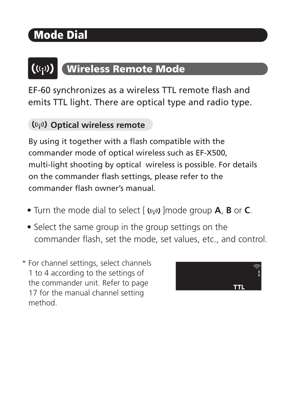 Mode dial, Wireless remote mode | FujiFilm EF-60 Shoe Mount Flash User Manual | Page 15 / 26