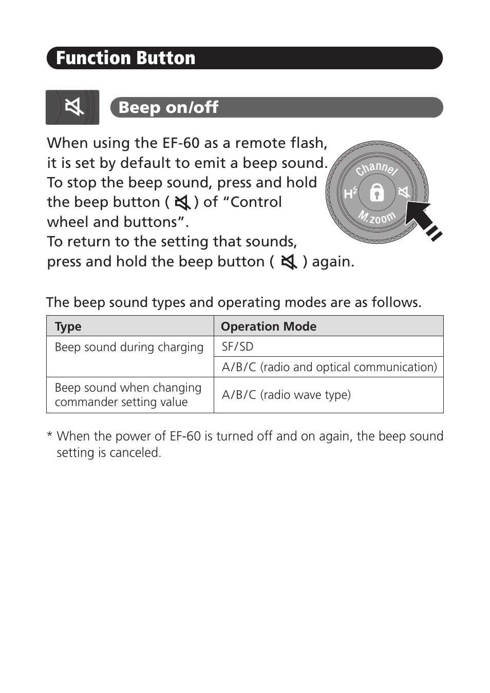 Function button, Beep on/off | FujiFilm EF-60 Shoe Mount Flash User Manual | Page 19 / 26