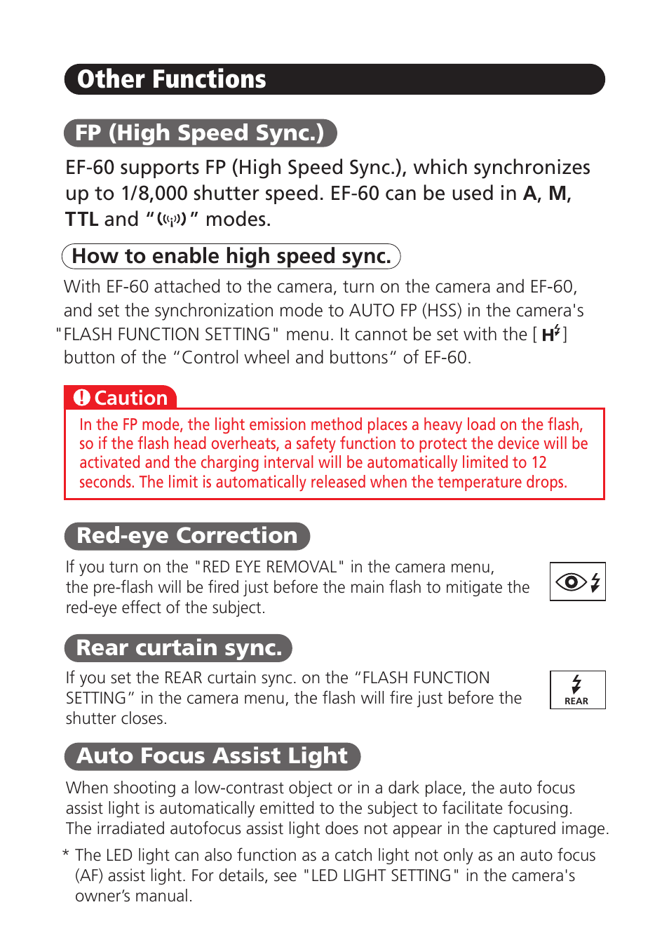 Other functions, Fp (high speed sync.), How to enable high speed sync | FujiFilm EF-60 Shoe Mount Flash User Manual | Page 22 / 26