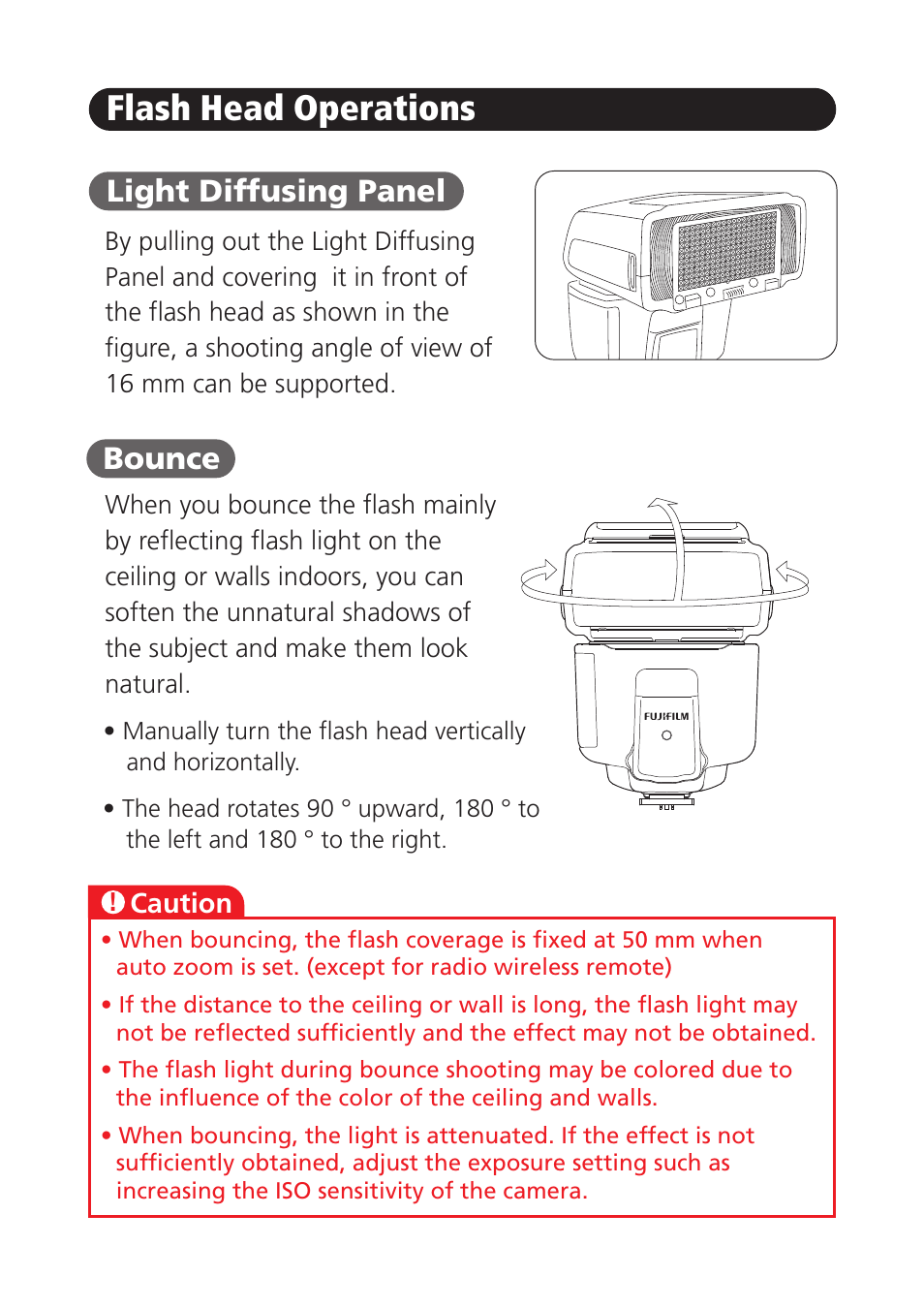 Flash head operations, Bounce light diffusing panel | FujiFilm EF-60 Shoe Mount Flash User Manual | Page 23 / 26