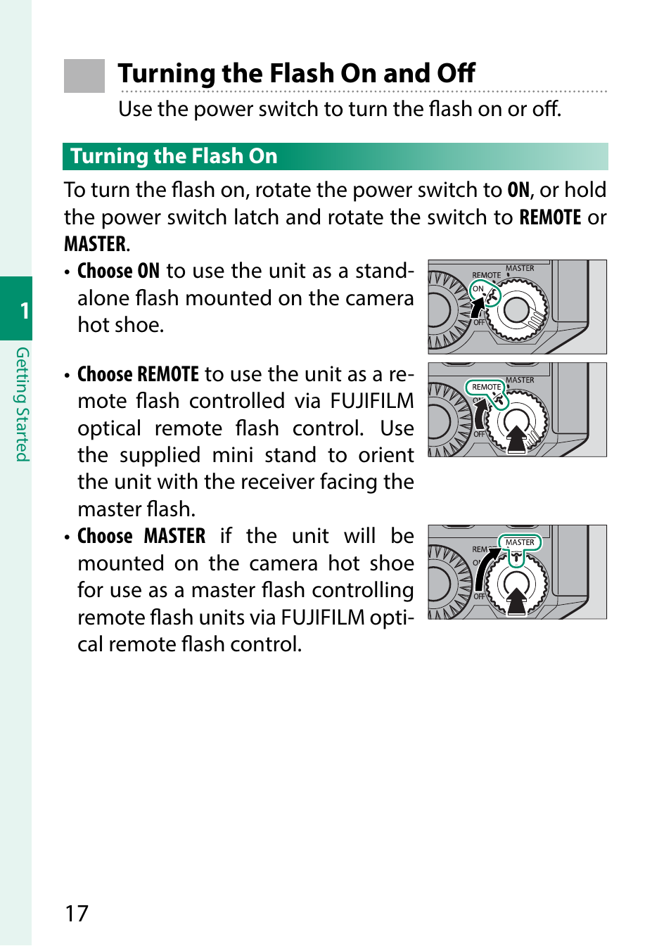 Turning the flash on and off | FujiFilm EF-X500 Flash User Manual | Page 24 / 108