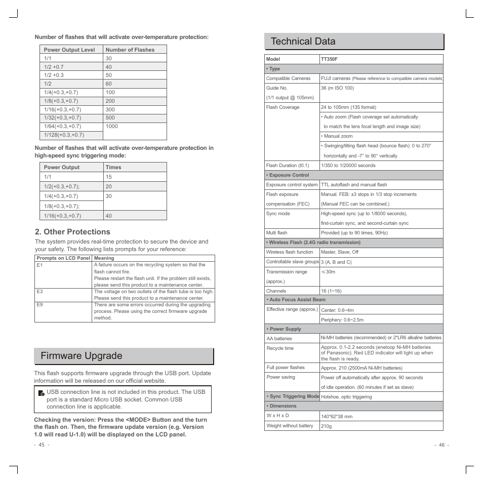 Firmware upgrade, Technical data, Other protections | Godox TT350F Mini Thinklite TTL Flash for Cameras User Manual | Page 12 / 13
