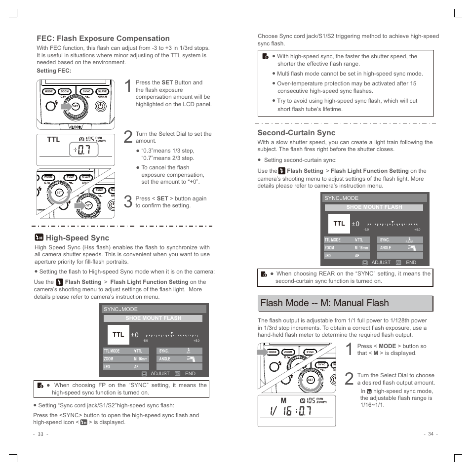 Flash mode -- m: manual flash, Fec: flash exposure compensation, High-speed sync | Second-curtain sync | Godox TT350F Mini Thinklite TTL Flash for Cameras User Manual | Page 6 / 13