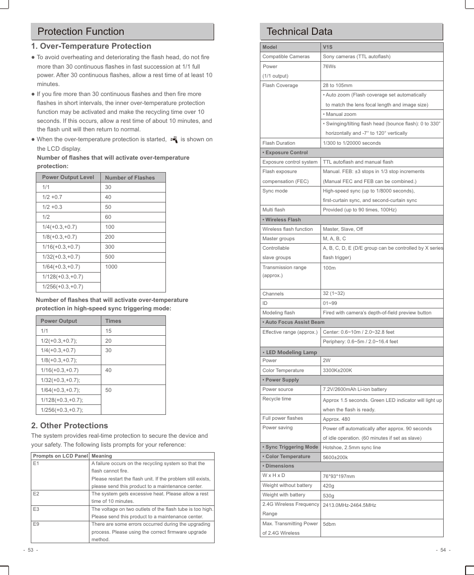 页 29, Protection function, Technical data | Over-temperature protection, Other protections | Godox V1 Flash for Sony User Manual | Page 14 / 16