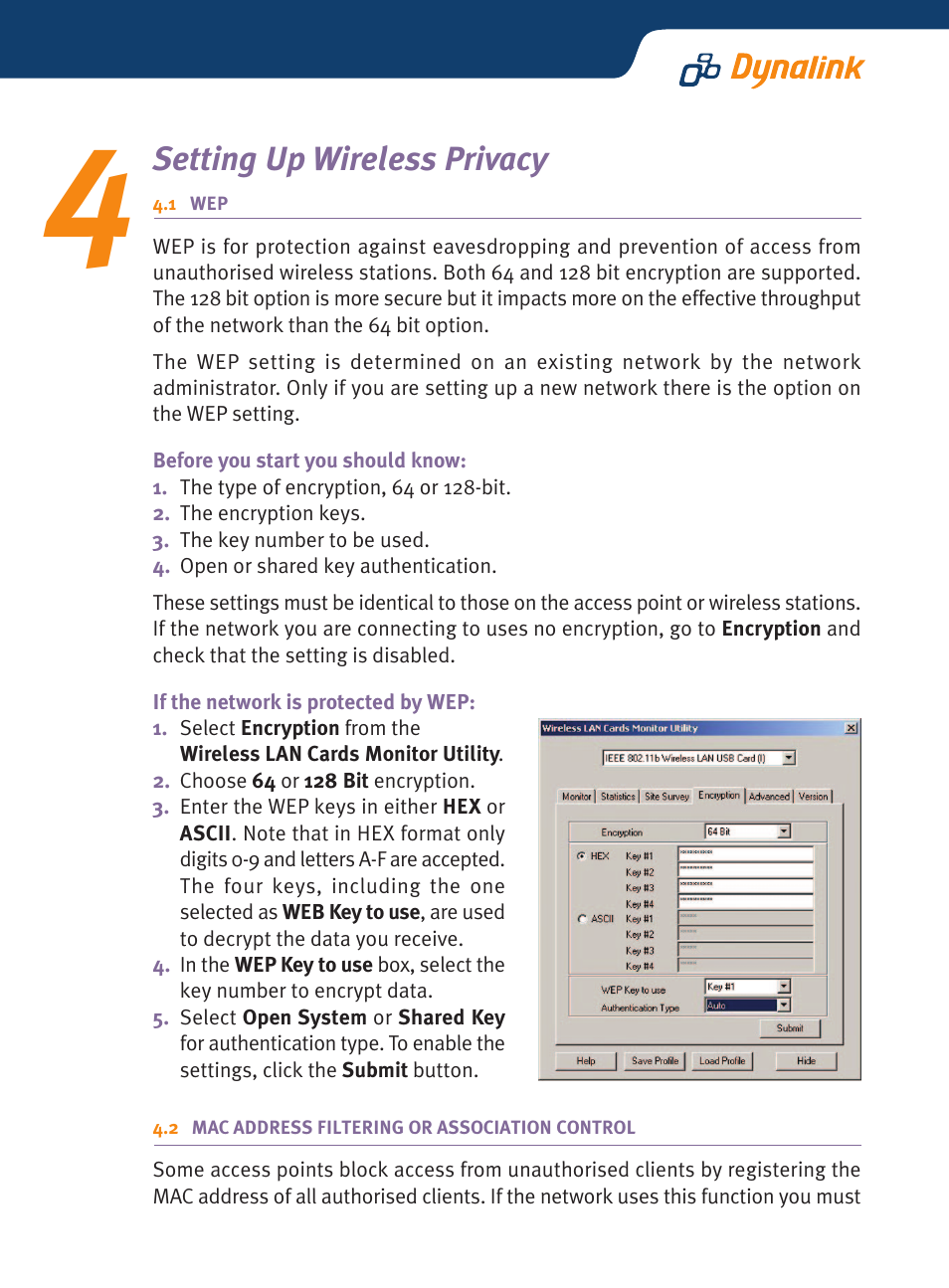 Setting up wireless privacy | Dynalink Wireless LAN Client USB WLL013 User Manual | Page 6 / 10