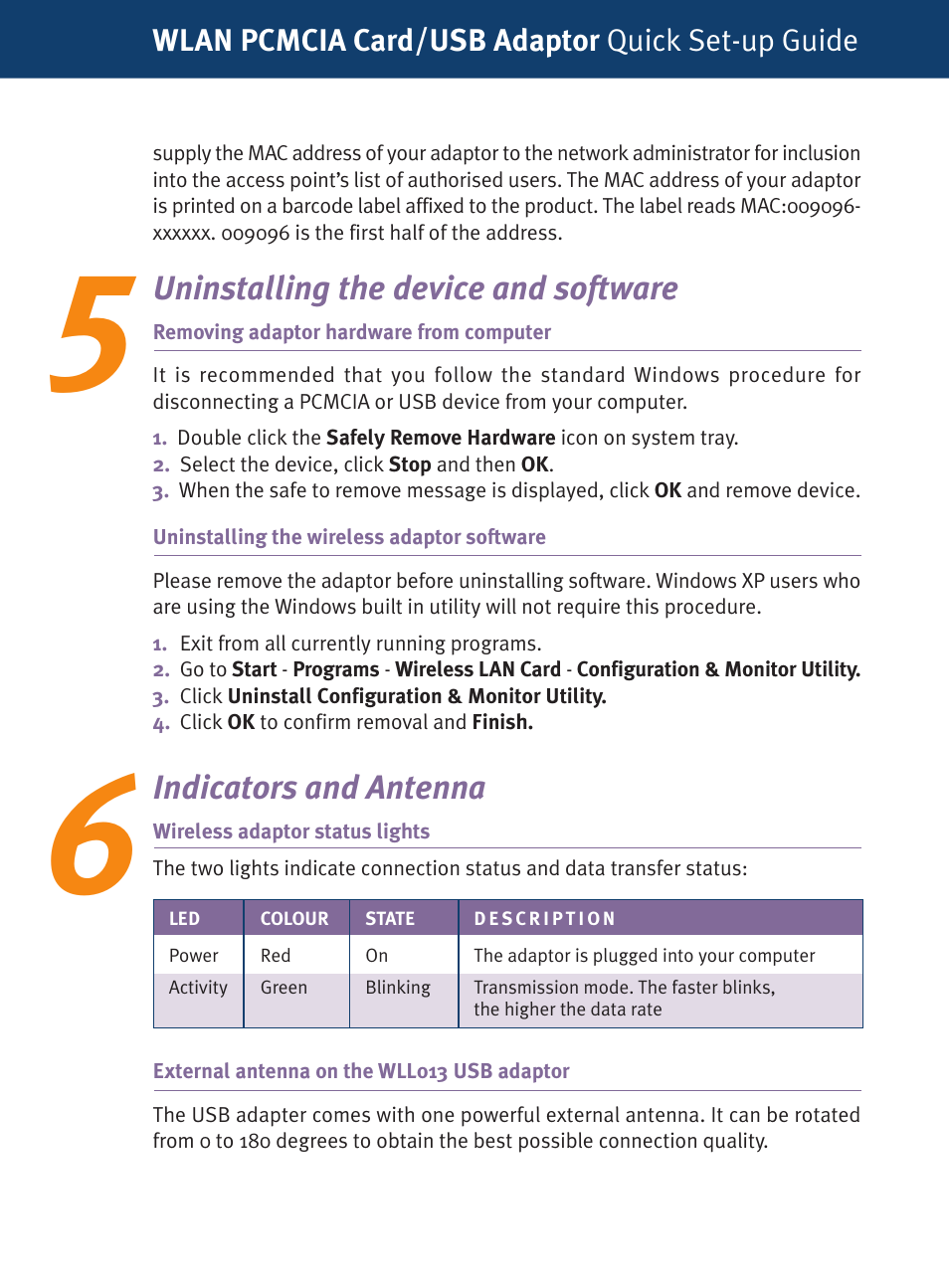 Uninstalling the device and software, Indicators and antenna | Dynalink Wireless LAN Client USB WLL013 User Manual | Page 7 / 10
