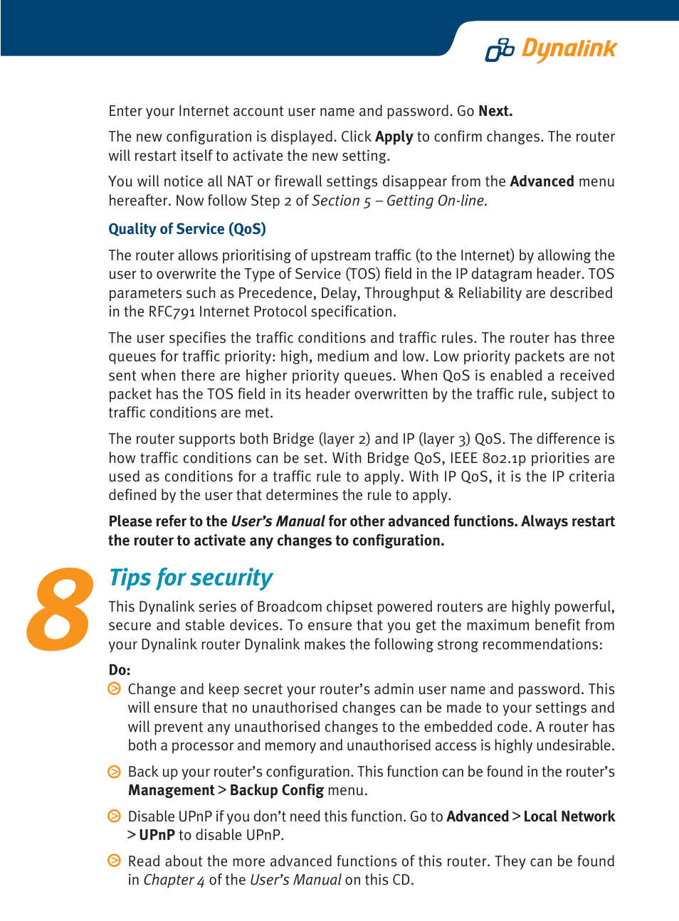 Tips for security | Dynalink ADSL Router/ RTA770 User Manual | Page 11 / 16