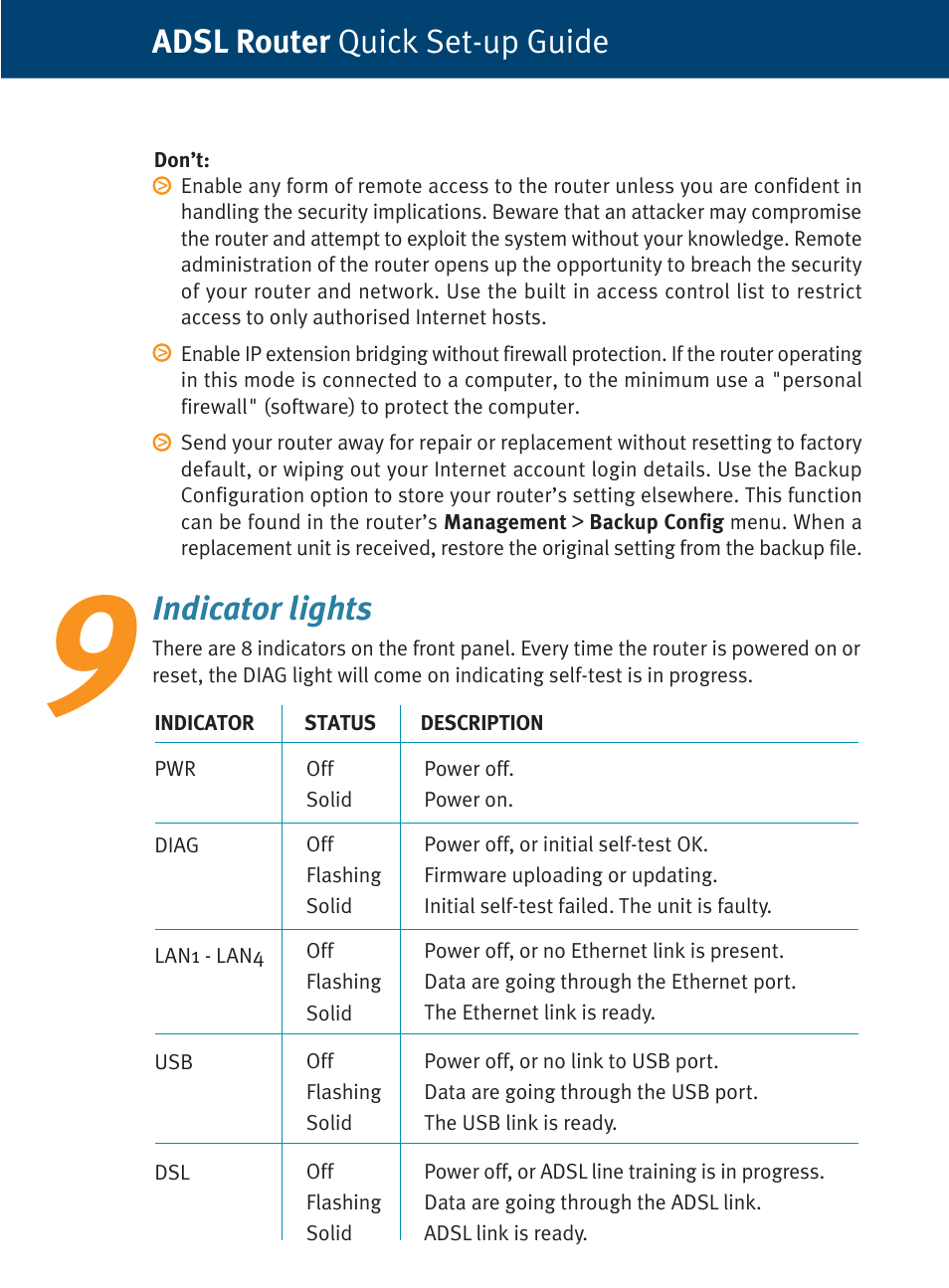 Adsl router quick set-up guide indicator lights | Dynalink ADSL Router/ RTA770 User Manual | Page 12 / 16