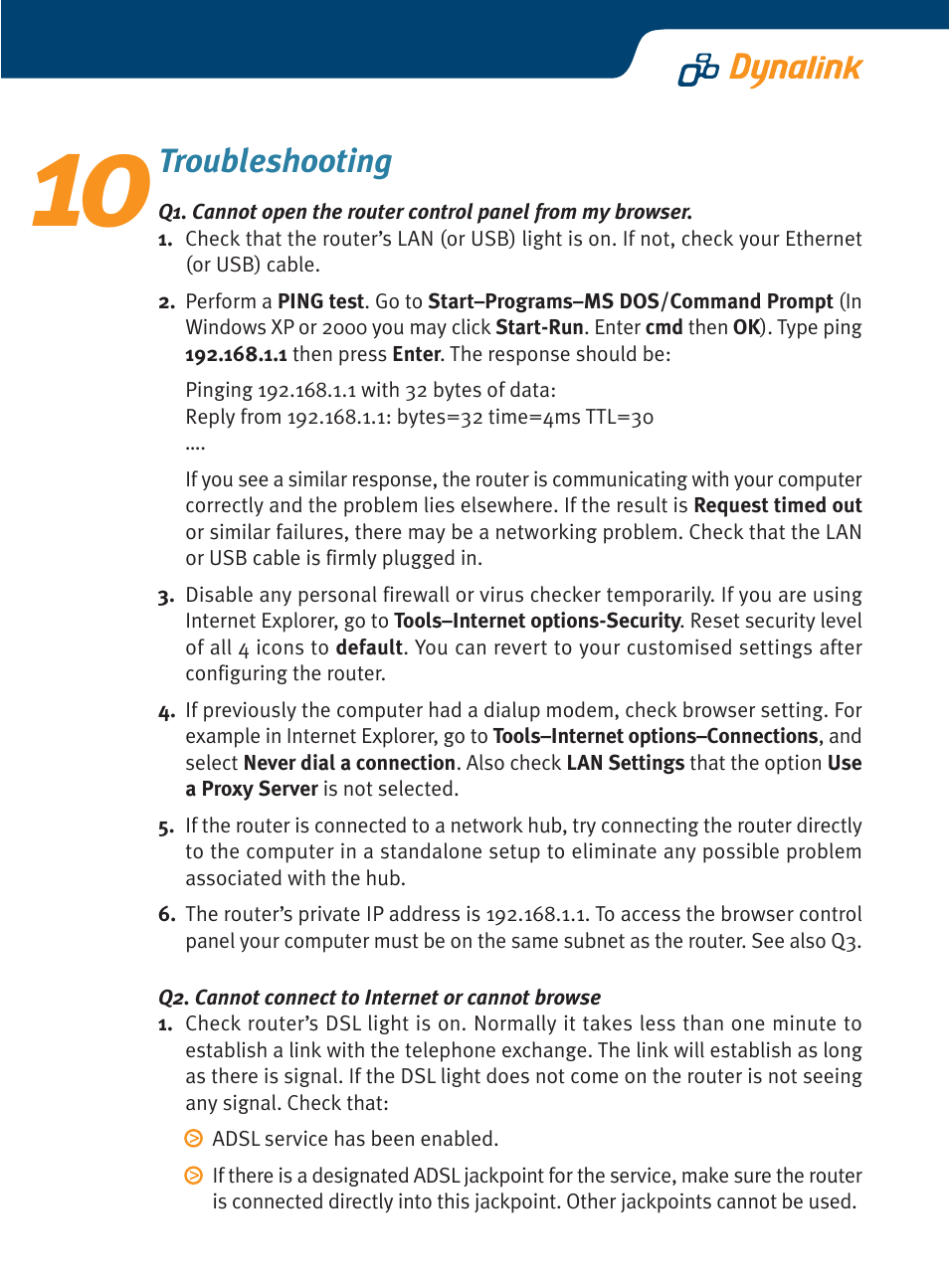 Troubleshooting | Dynalink ADSL Router/ RTA770 User Manual | Page 13 / 16