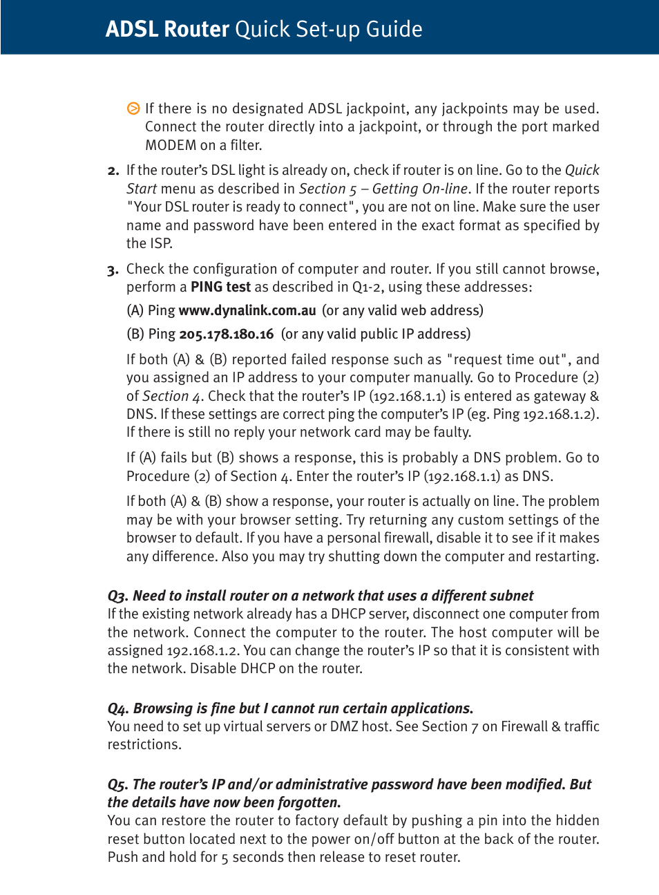 Adsl router quick set-up guide | Dynalink ADSL Router/ RTA770 User Manual | Page 14 / 16