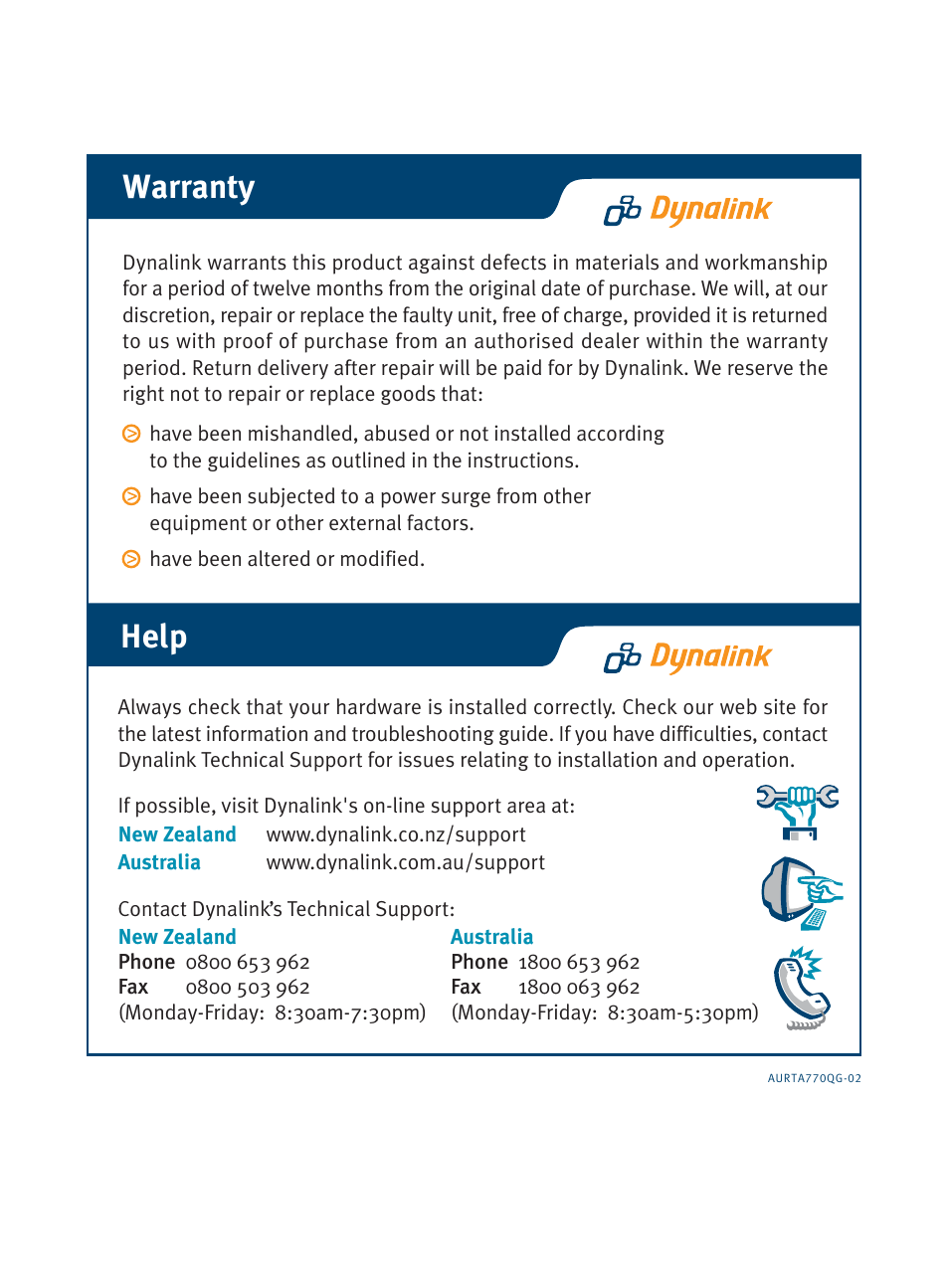 Warranty, Help | Dynalink ADSL Router/ RTA770 User Manual | Page 16 / 16