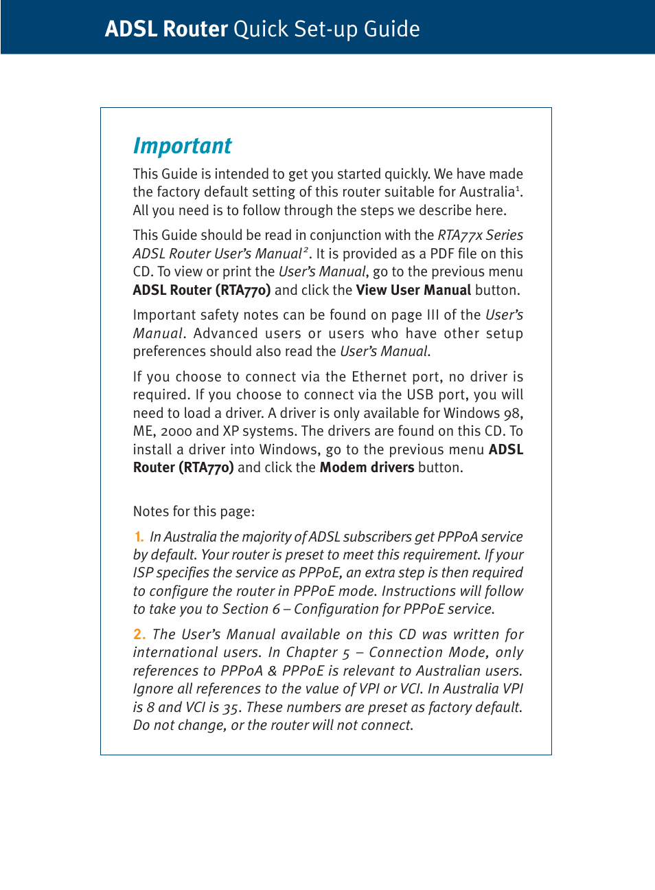 Important, Adsl router quick set-up guide | Dynalink ADSL Router/ RTA770 User Manual | Page 2 / 16