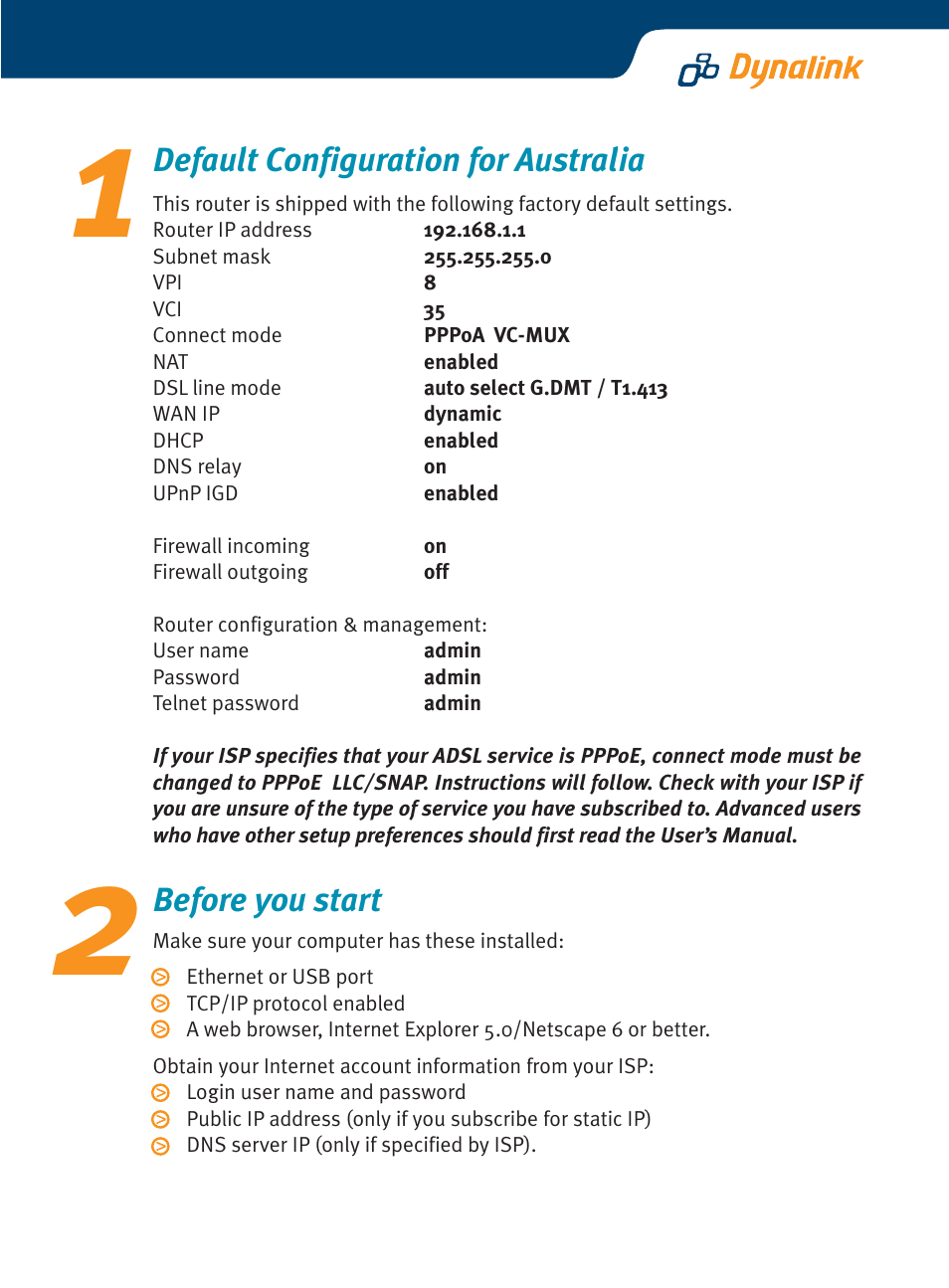 Default configuration for australia, Before you start | Dynalink ADSL Router/ RTA770 User Manual | Page 3 / 16