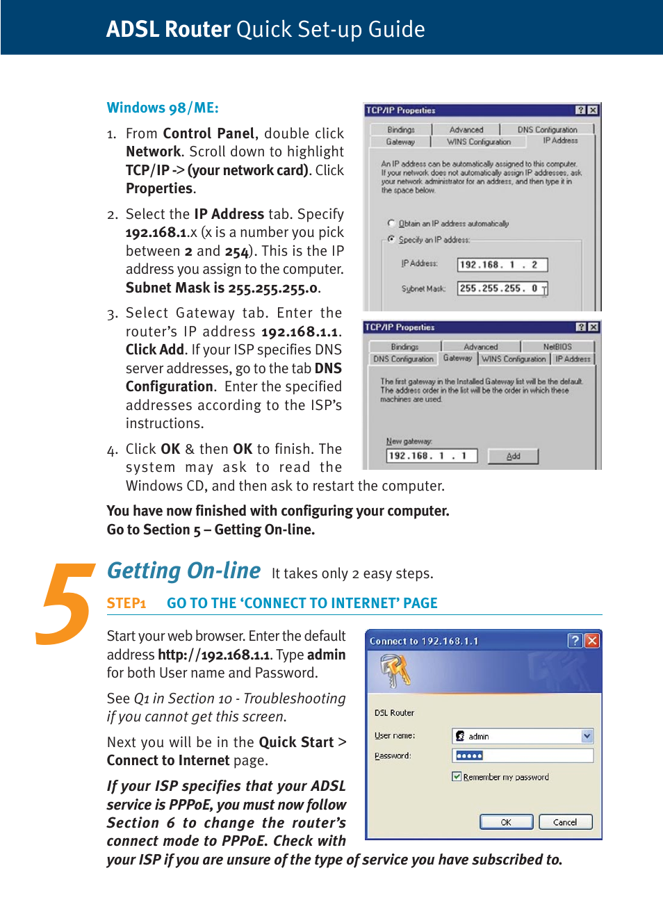 Getting on-line, Adsl router quick set-up guide | Dynalink ADSL Router/ RTA770 User Manual | Page 6 / 16