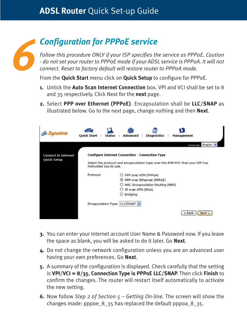 Configuration for pppoe service, Adsl router quick set-up guide | Dynalink ADSL Router/ RTA770 User Manual | Page 8 / 16