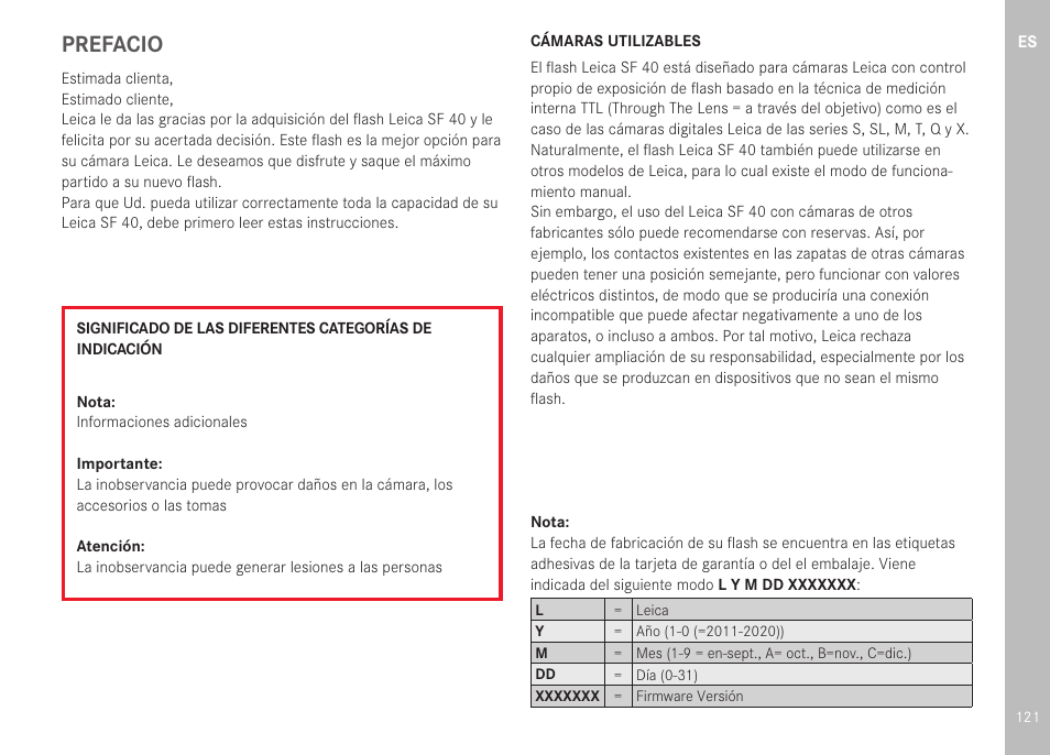 Prefacio | LEICA SF 40 Flash User Manual | Page 123 / 150