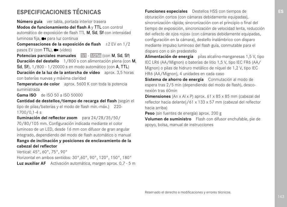Especificaciones técnicas | LEICA SF 40 Flash User Manual | Page 145 / 150
