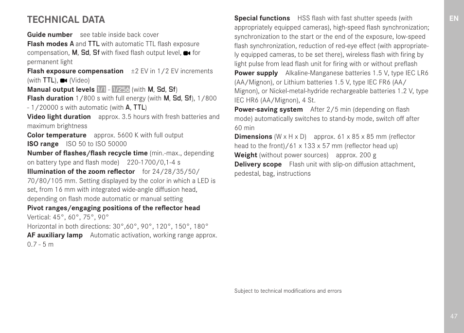 Technical data | LEICA SF 40 Flash User Manual | Page 49 / 150