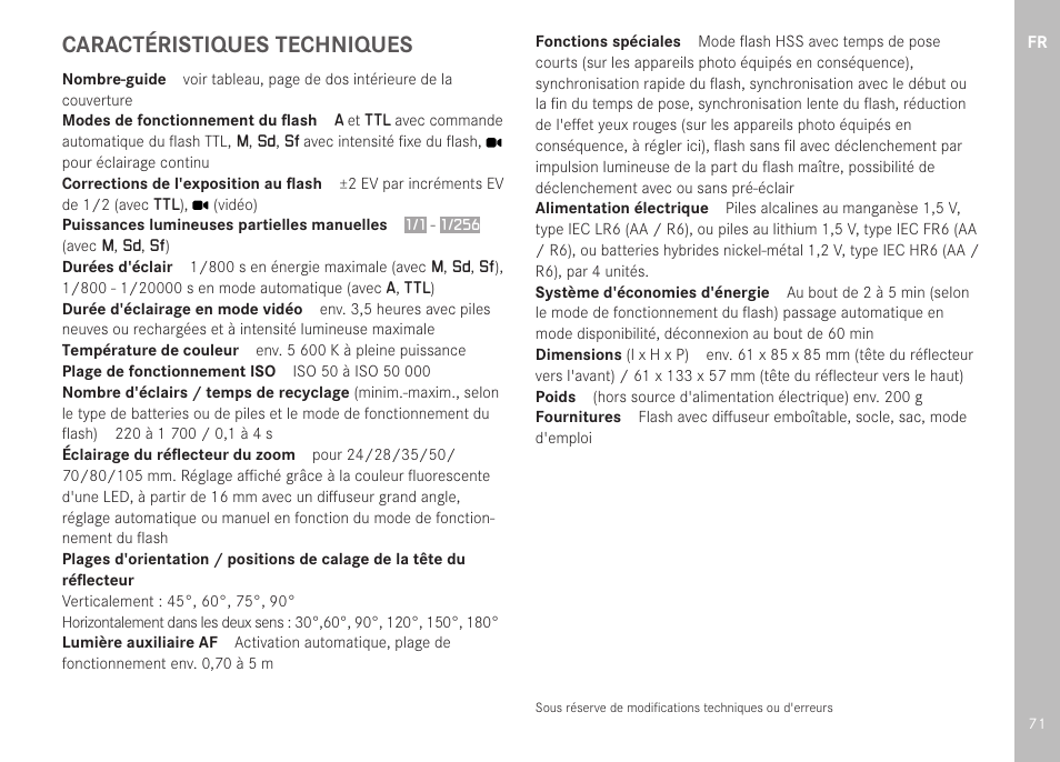 Caractéristiques techniques | LEICA SF 40 Flash User Manual | Page 73 / 150