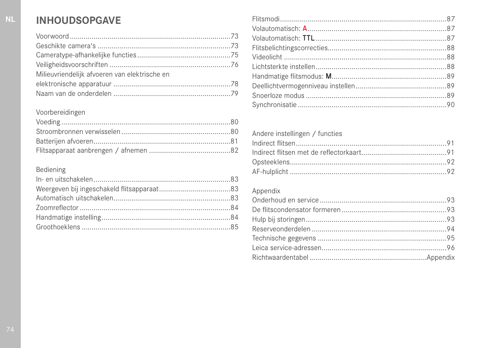 Inhoudsopgave | LEICA SF 40 Flash User Manual | Page 76 / 150