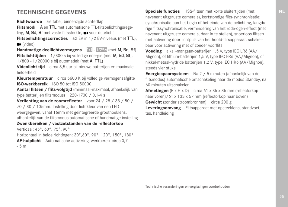 Technische gegevens | LEICA SF 40 Flash User Manual | Page 97 / 150