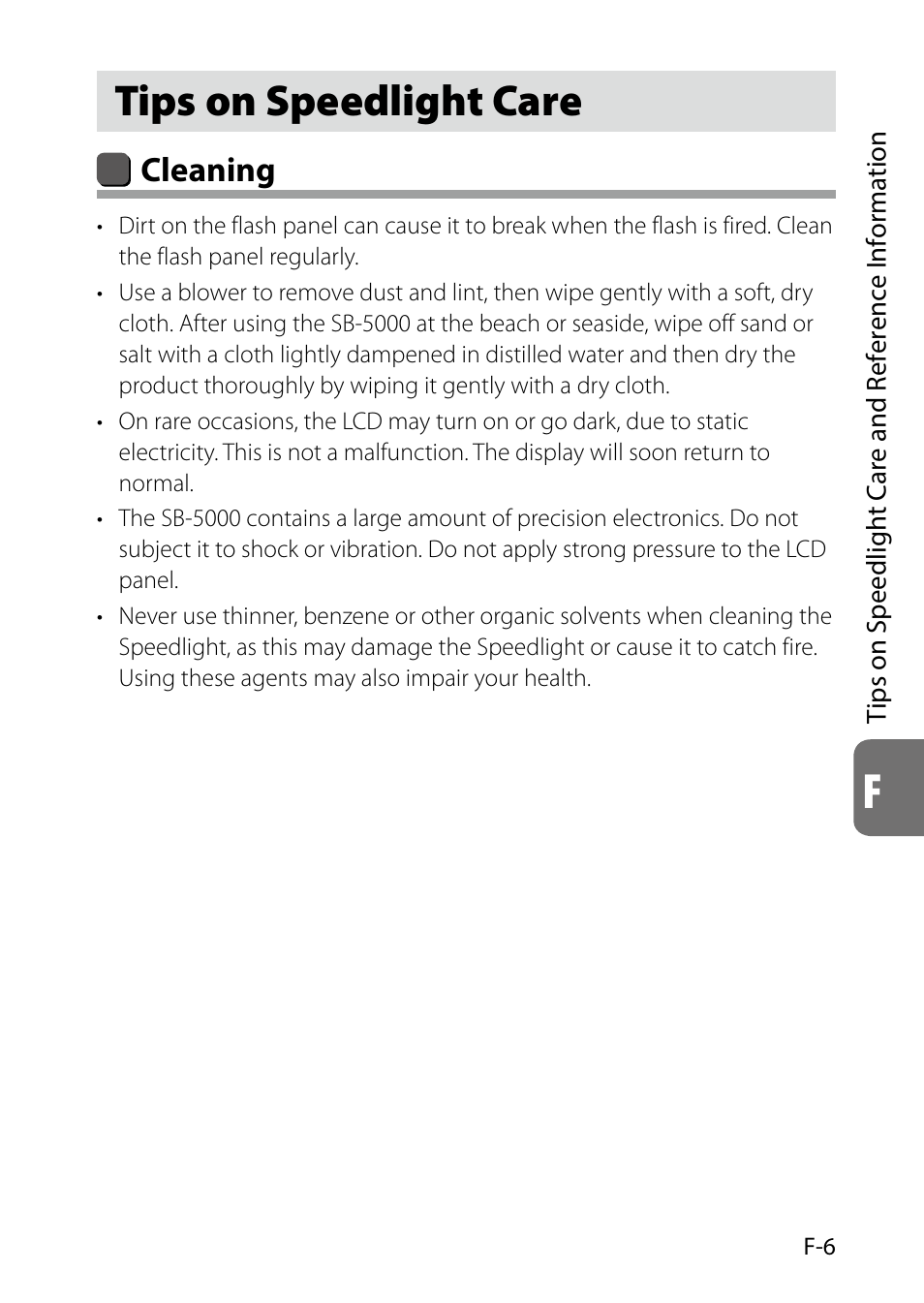 Tips on speedlight care, Cleaning | Nikon SB-5000 AF Speedlight User Manual | Page 107 / 120