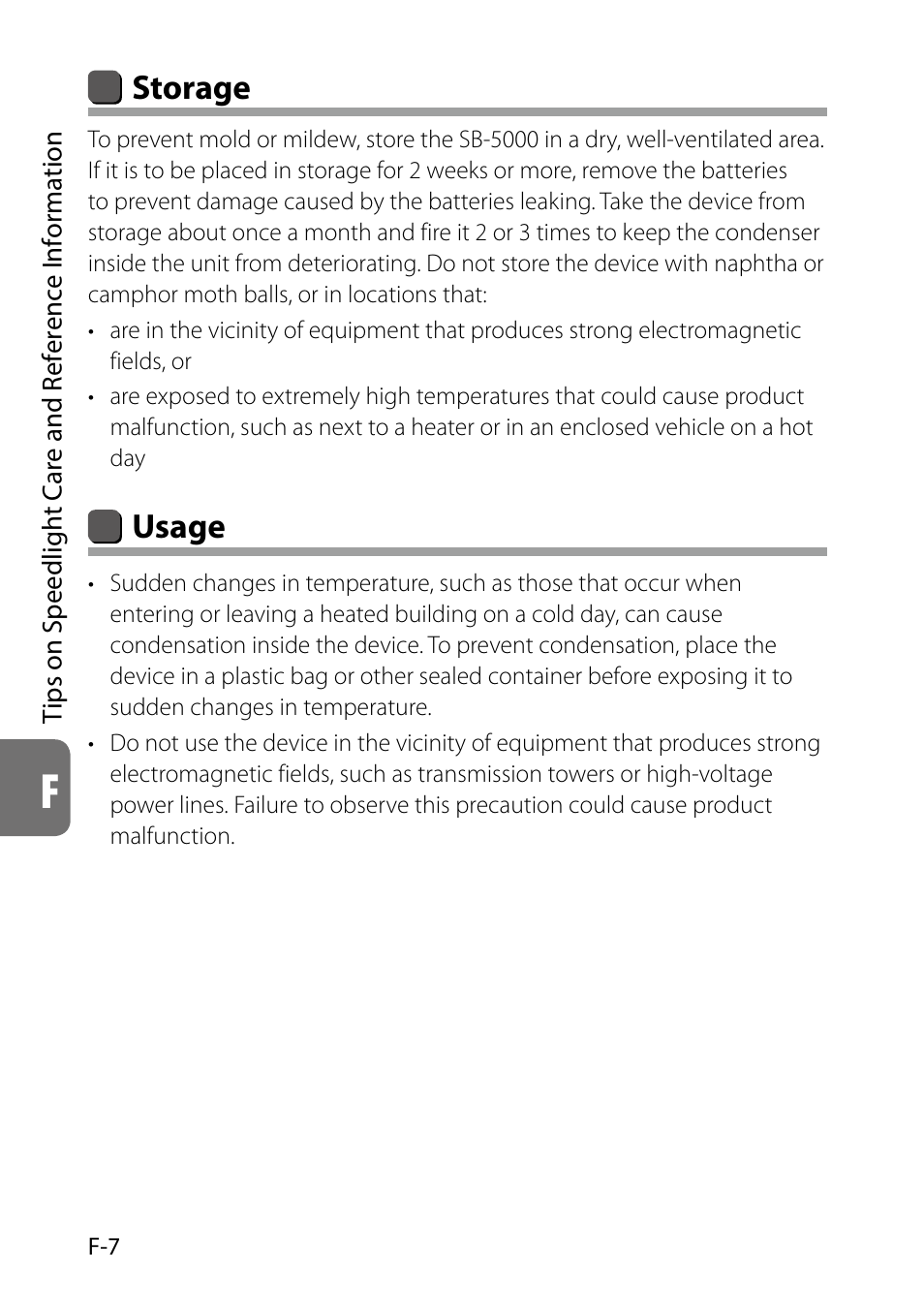 Storage, Usage | Nikon SB-5000 AF Speedlight User Manual | Page 108 / 120