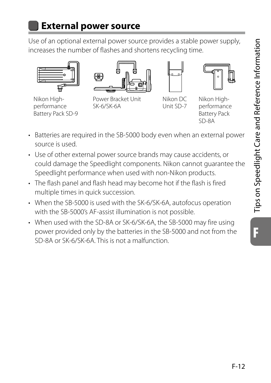 F-12), External power source | Nikon SB-5000 AF Speedlight User Manual | Page 113 / 120