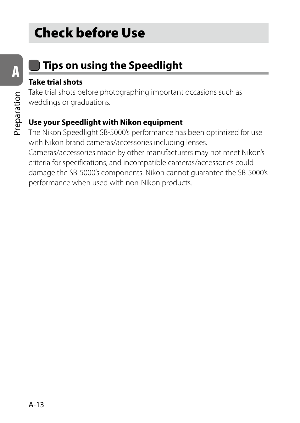 Check before use, A-13, Tips on using the speedlight | Nikon SB-5000 AF Speedlight User Manual | Page 14 / 120