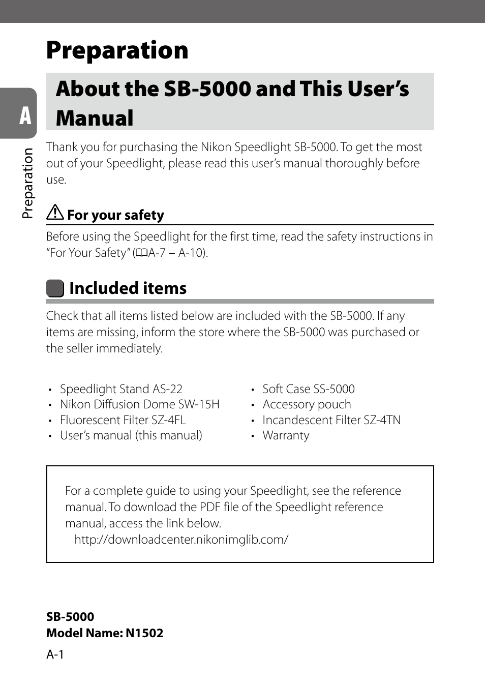 Preparation, About the sb-5000 and this user’s manual, Included items | Nikon SB-5000 AF Speedlight User Manual | Page 2 / 120