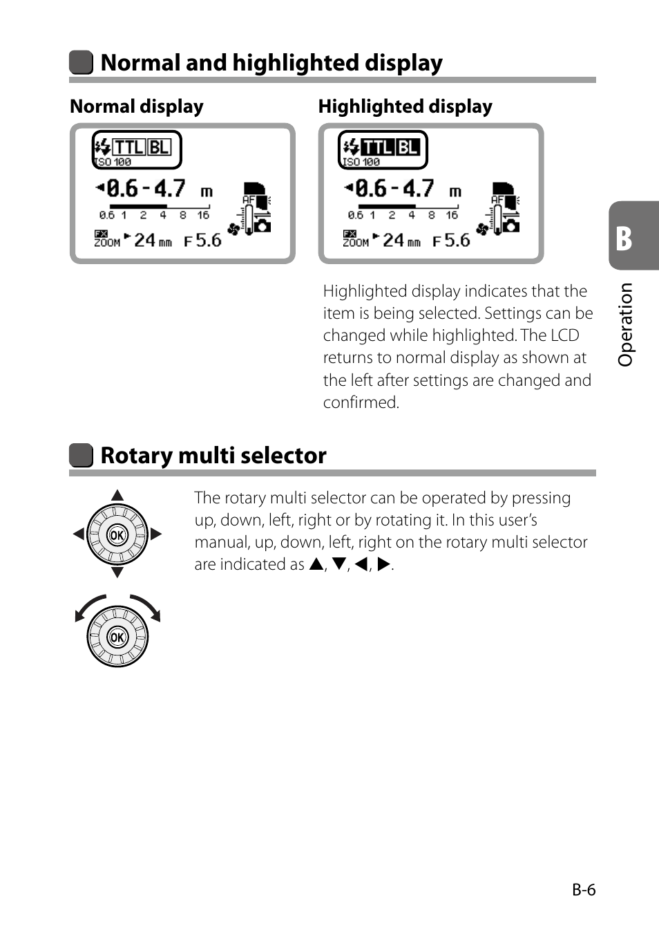 B-6), Normal and highlighted display, Rotary multi selector | Nikon SB-5000 AF Speedlight User Manual | Page 21 / 120