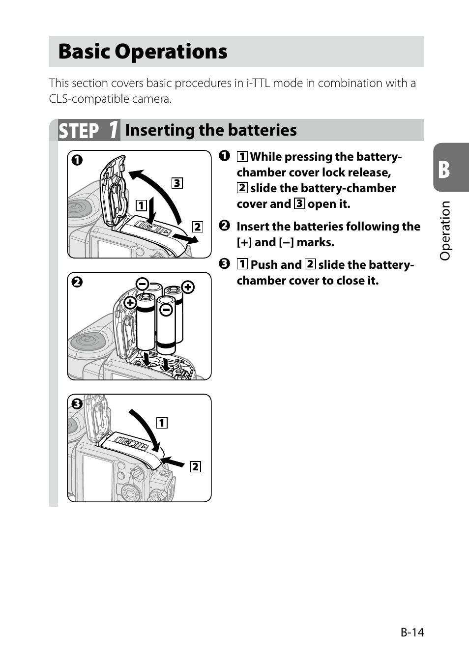 Basic operations, B-14, B-14) | Step | Nikon SB-5000 AF Speedlight User Manual | Page 29 / 120