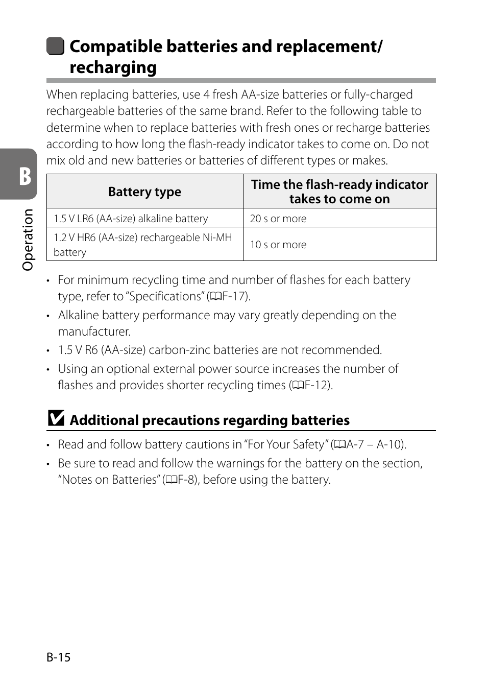 Compatible batteries and replacement/ recharging | Nikon SB-5000 AF Speedlight User Manual | Page 30 / 120