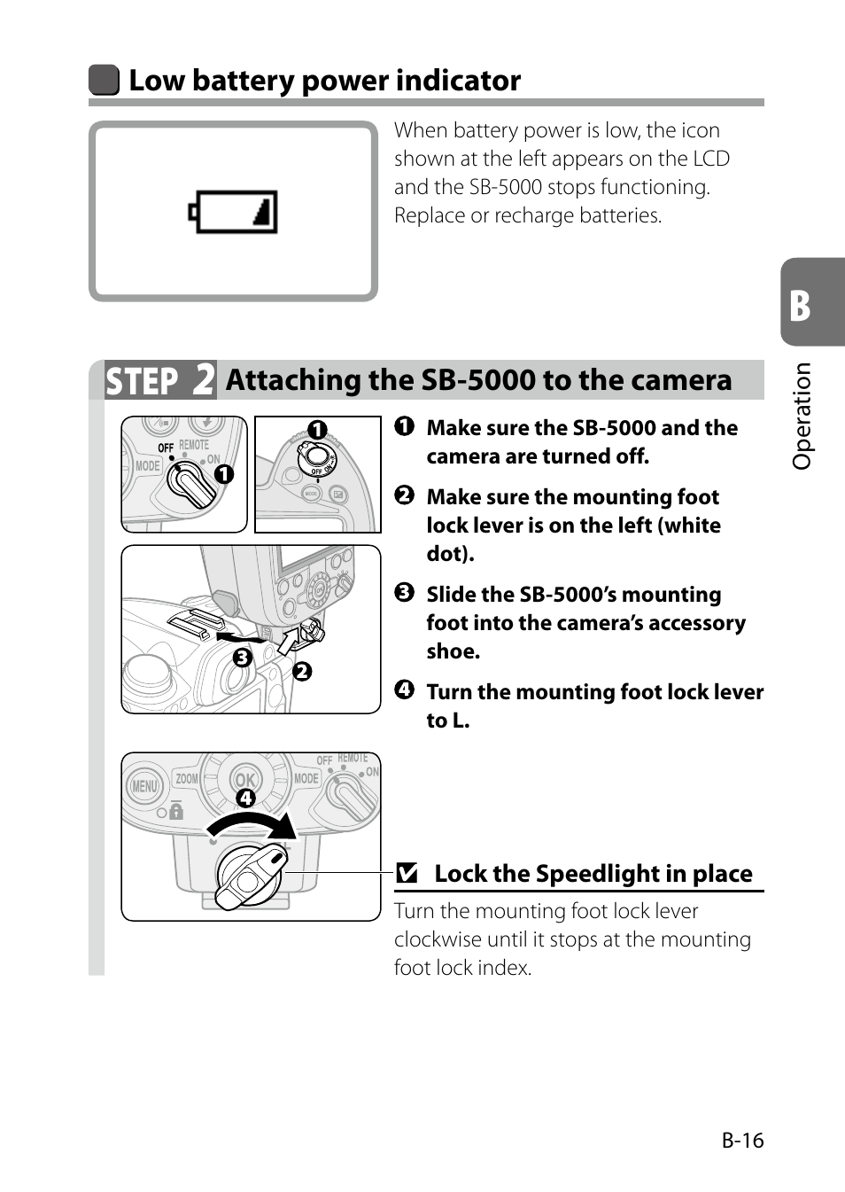 B-16), Step, Low battery power indicator | Attaching the sb-5000 to the camera | Nikon SB-5000 AF Speedlight User Manual | Page 31 / 120