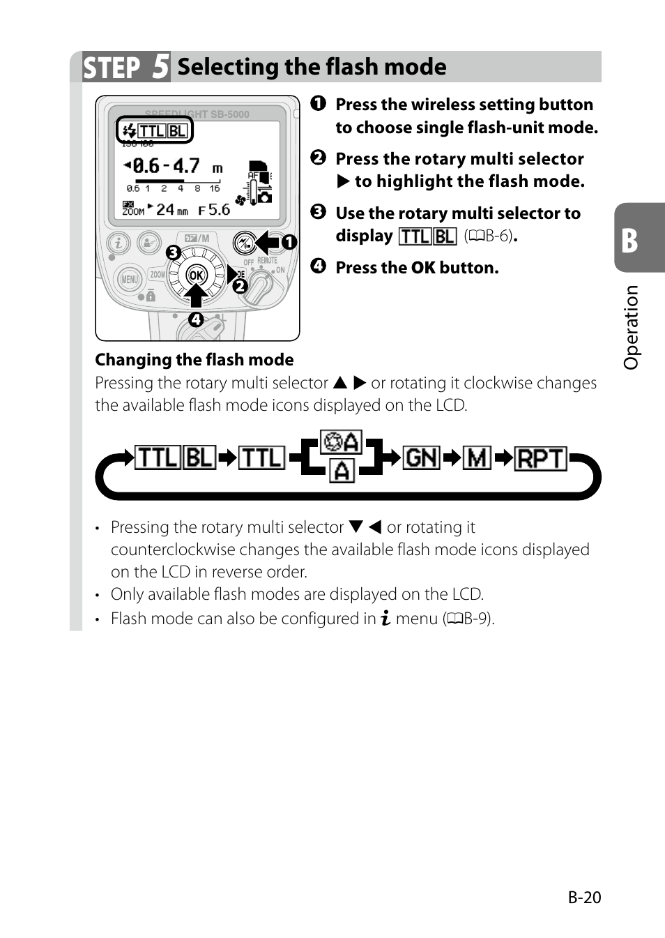 B-20), Step, Selecting the flash mode | Nikon SB-5000 AF Speedlight User Manual | Page 35 / 120