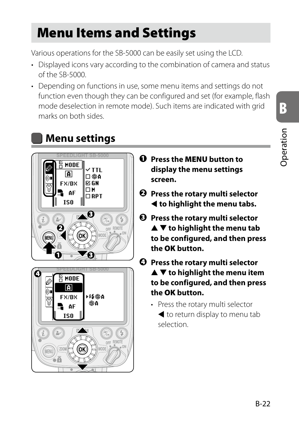 Menu items and settings, B-22, B-22) | Menu settings | Nikon SB-5000 AF Speedlight User Manual | Page 37 / 120