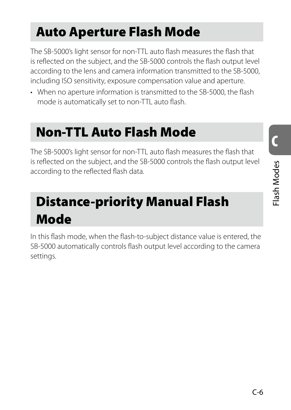 Auto aperture flash mode, Non-ttl auto flash mode, Distance-priority manual flash mode | C-6) | Nikon SB-5000 AF Speedlight User Manual | Page 51 / 120