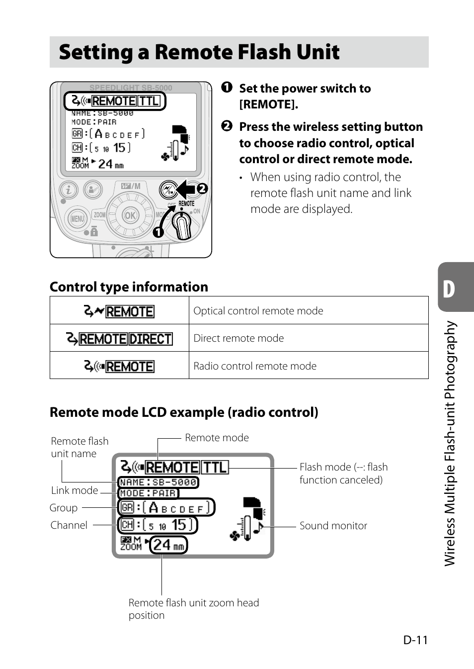 Setting a remote flash unit, D-11, D-11) | Nikon SB-5000 AF Speedlight User Manual | Page 63 / 120